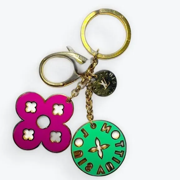 Auth Louis Vuitton Goldtone Key Ring Purse Accent Pink Green Preloved Bag Charm
